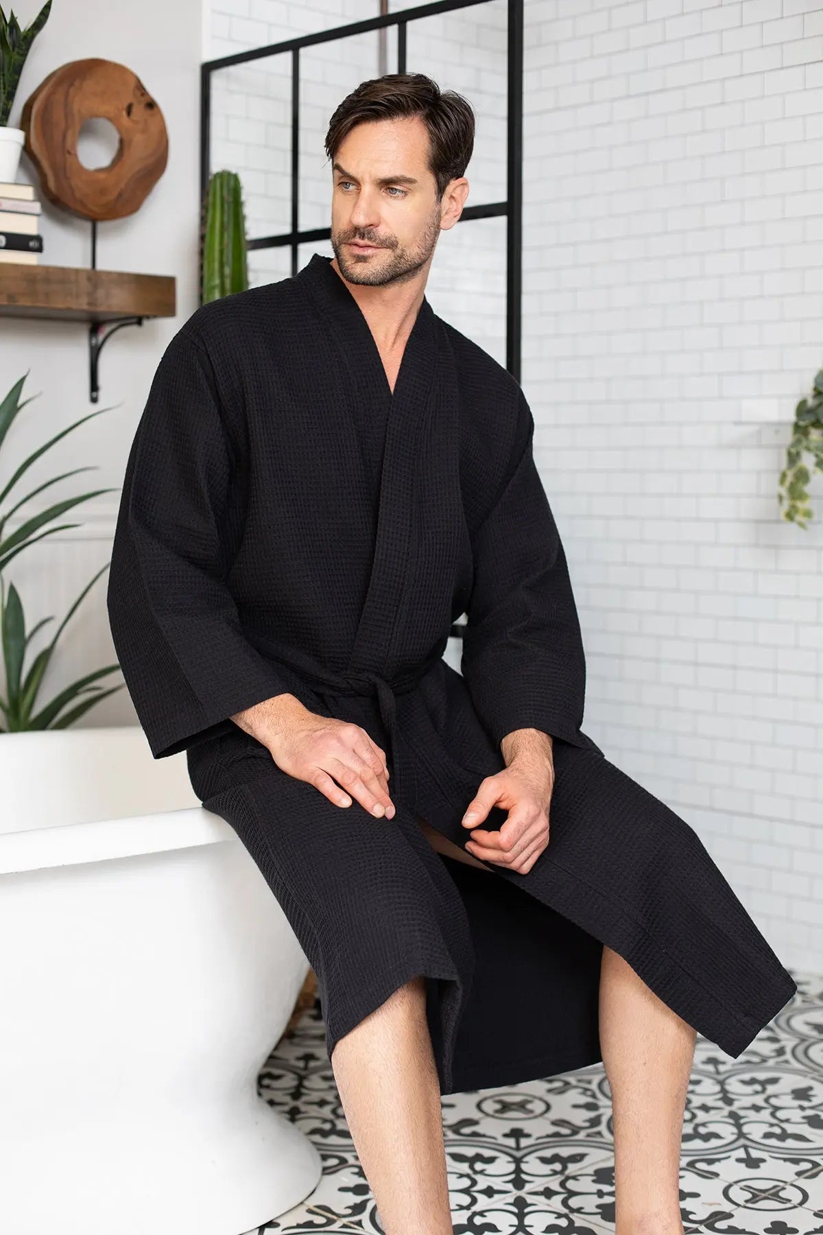 Waffle Kimono Spa Bathrobe for Men - Absorbent, Lightweight - Concordia Style Boutique