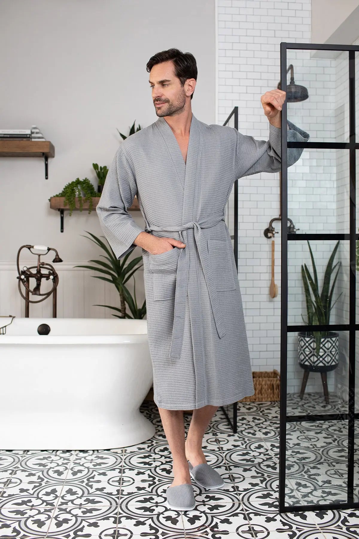 Waffle Kimono Spa Bathrobe for Men - Absorbent, Lightweight - Concordia Style Boutique