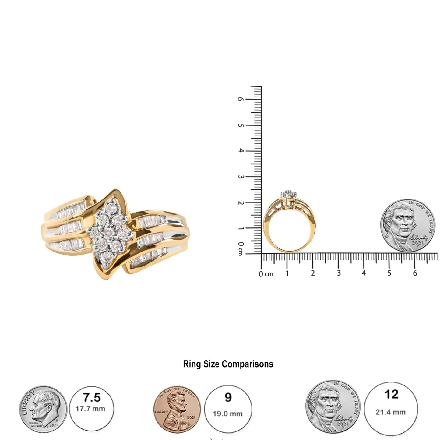 10K Yellow Gold 1/2 Cttw Round And Baguette-cut Diamond Cluster Head and Channel Set Shank Ring (H-I Color, I1-I2 Clarity) - Concordia Style Boutique