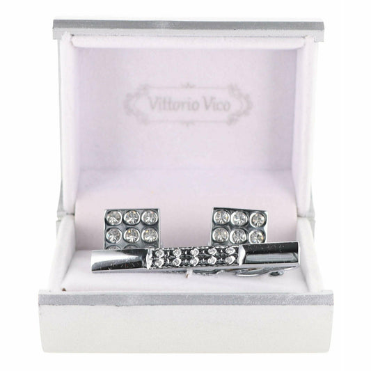 Vittorio Vico Silver Rhinestone Cufflink & Tie Bar Set in Gift Box