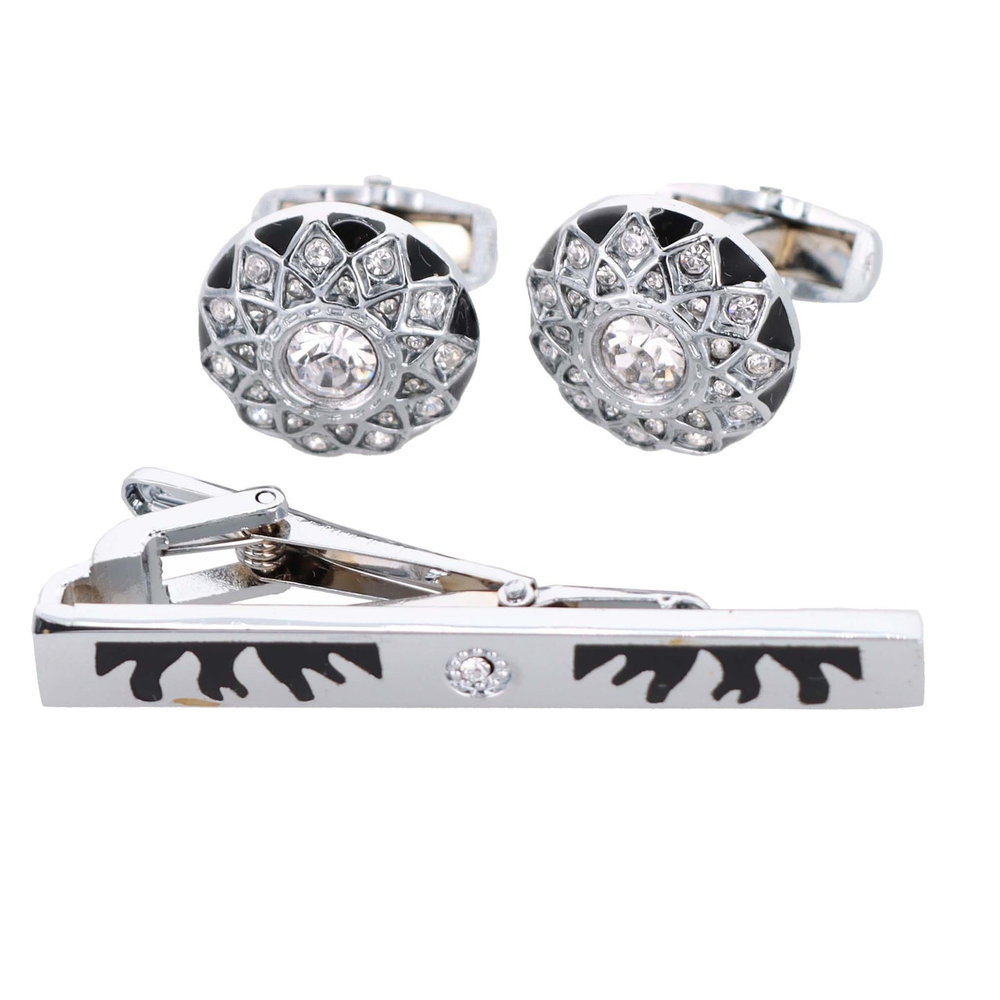 Vittorio Vico Silver Rhinestone Cufflink & Tie Bar Set in Gift Box