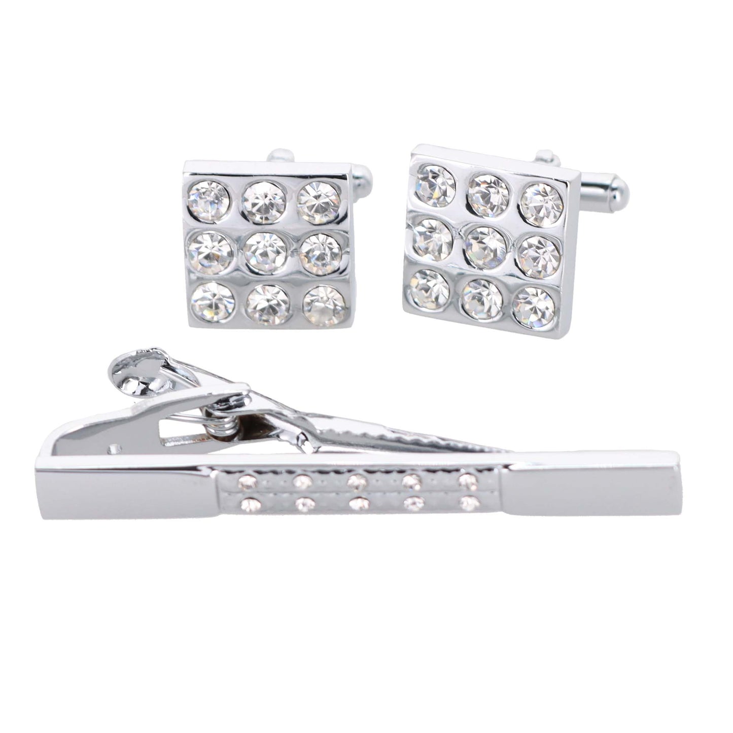 Vittorio Vico Silver Rhinestone Cufflink & Tie Bar Set in Gift Box