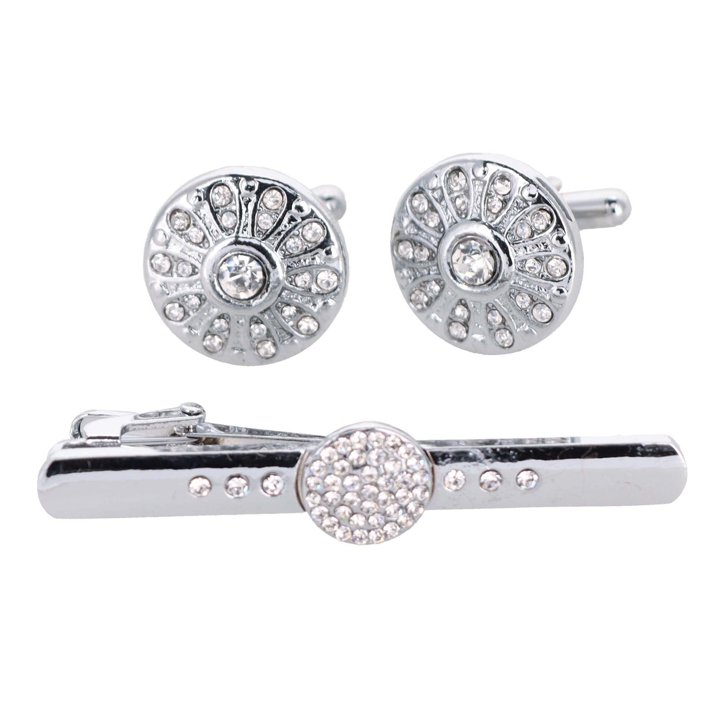 Vittorio Vico Silver Rhinestone Cufflink & Tie Bar Set in Gift Box