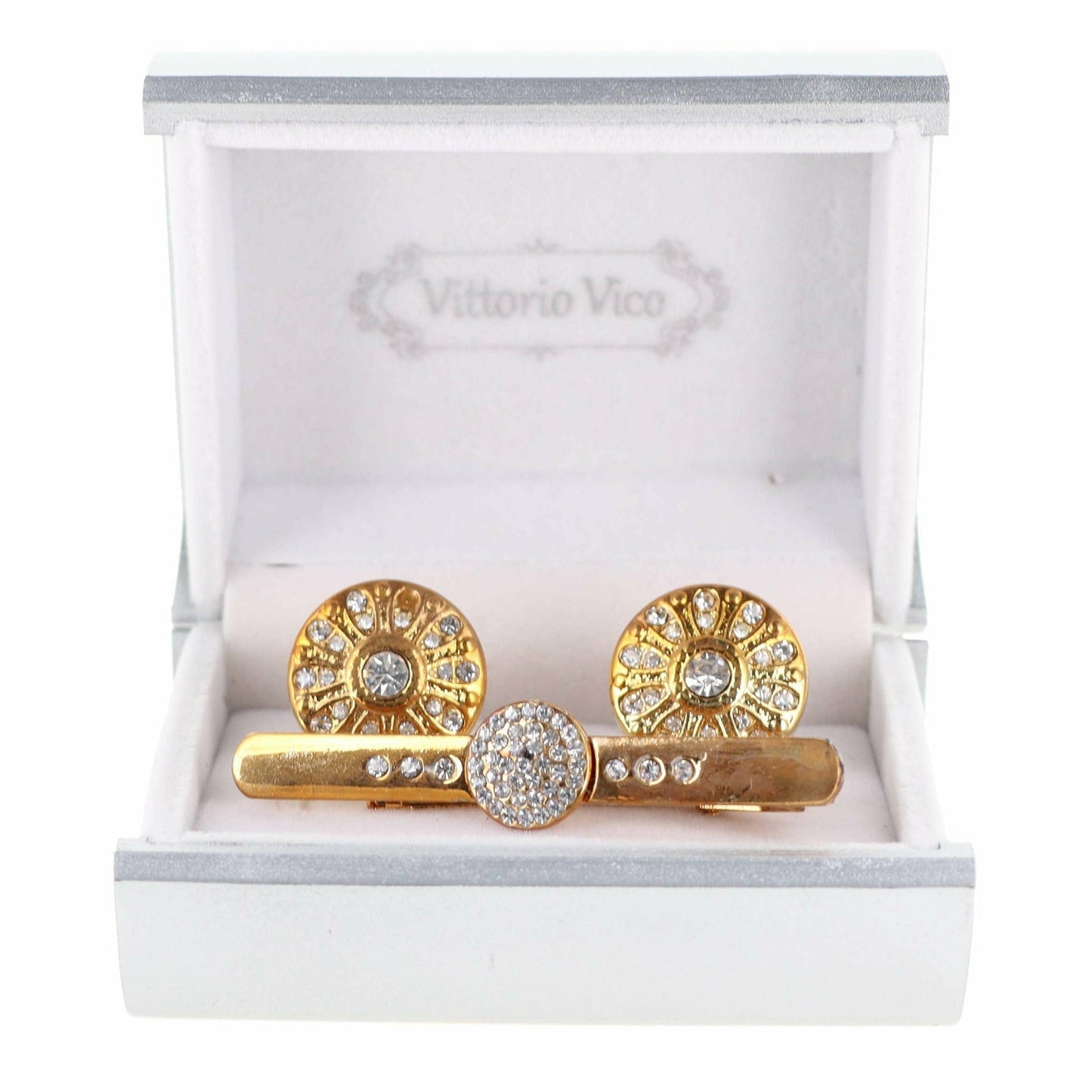 Vittorio Vico Gold Rhinestone Cufflinks & Tie Bar Set in Gift Box