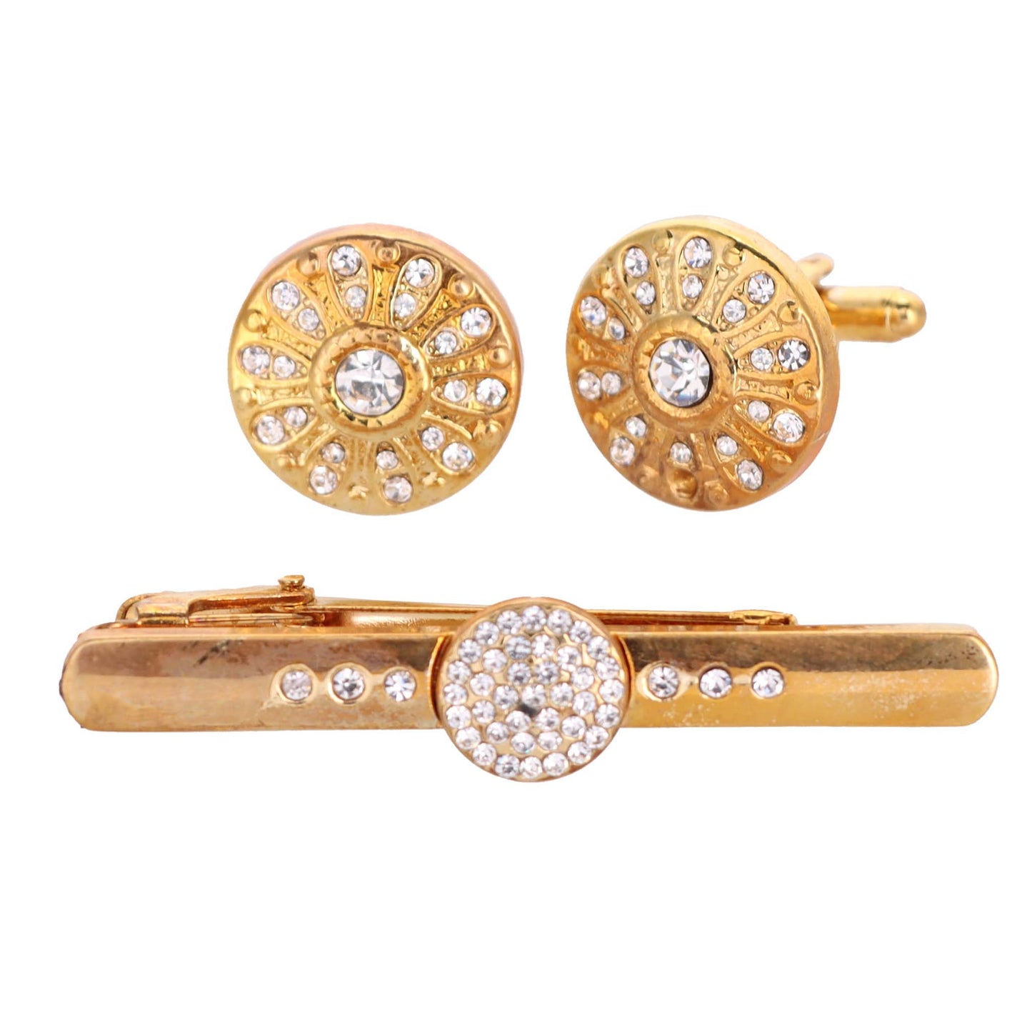 Vittorio Vico Gold Rhinestone Cufflinks & Tie Bar Set in Gift Box