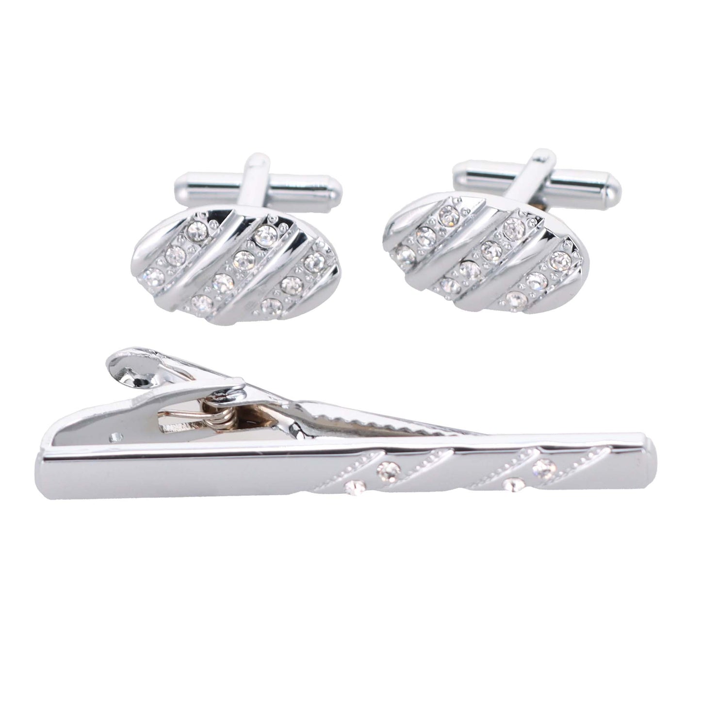 Vittorio Vico Silver Rhinestone Cufflink & Tie Bar Set in Gift Box
