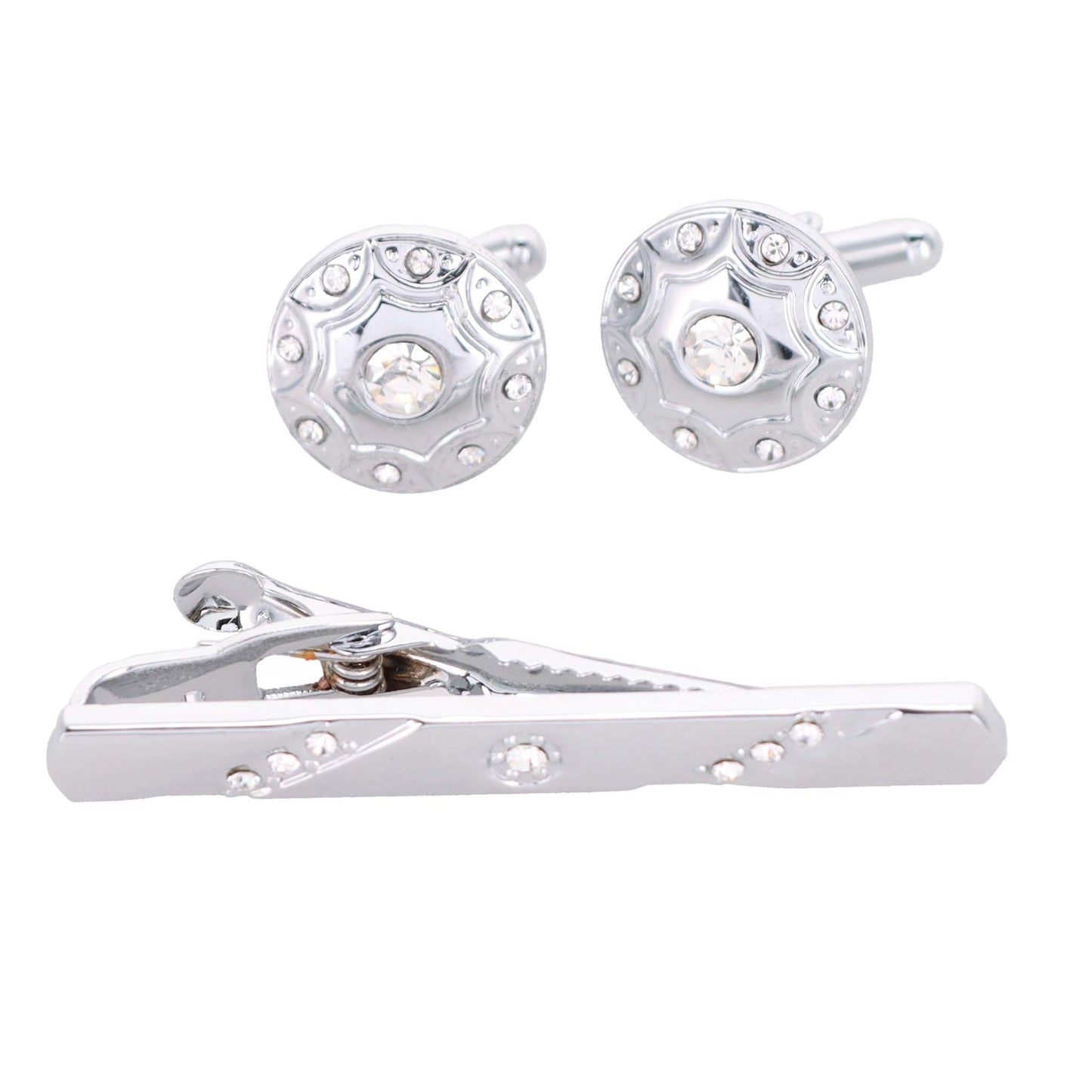 Vittorio Vico Silver Rhinestone Cufflink & Tie Bar Set in Gift Box