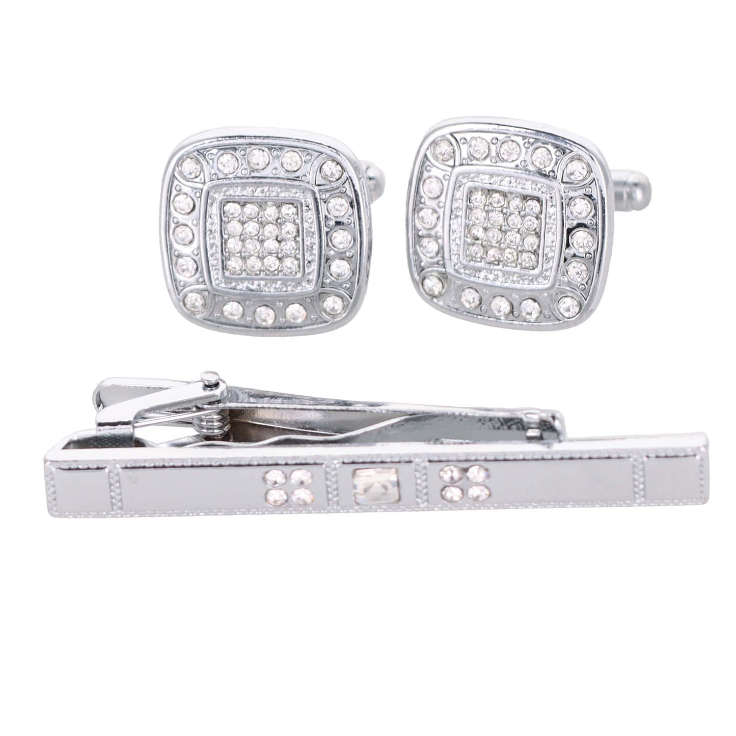 Vittorio Vico Silver Rhinestone Cufflink & Tie Bar Set in Gift Box