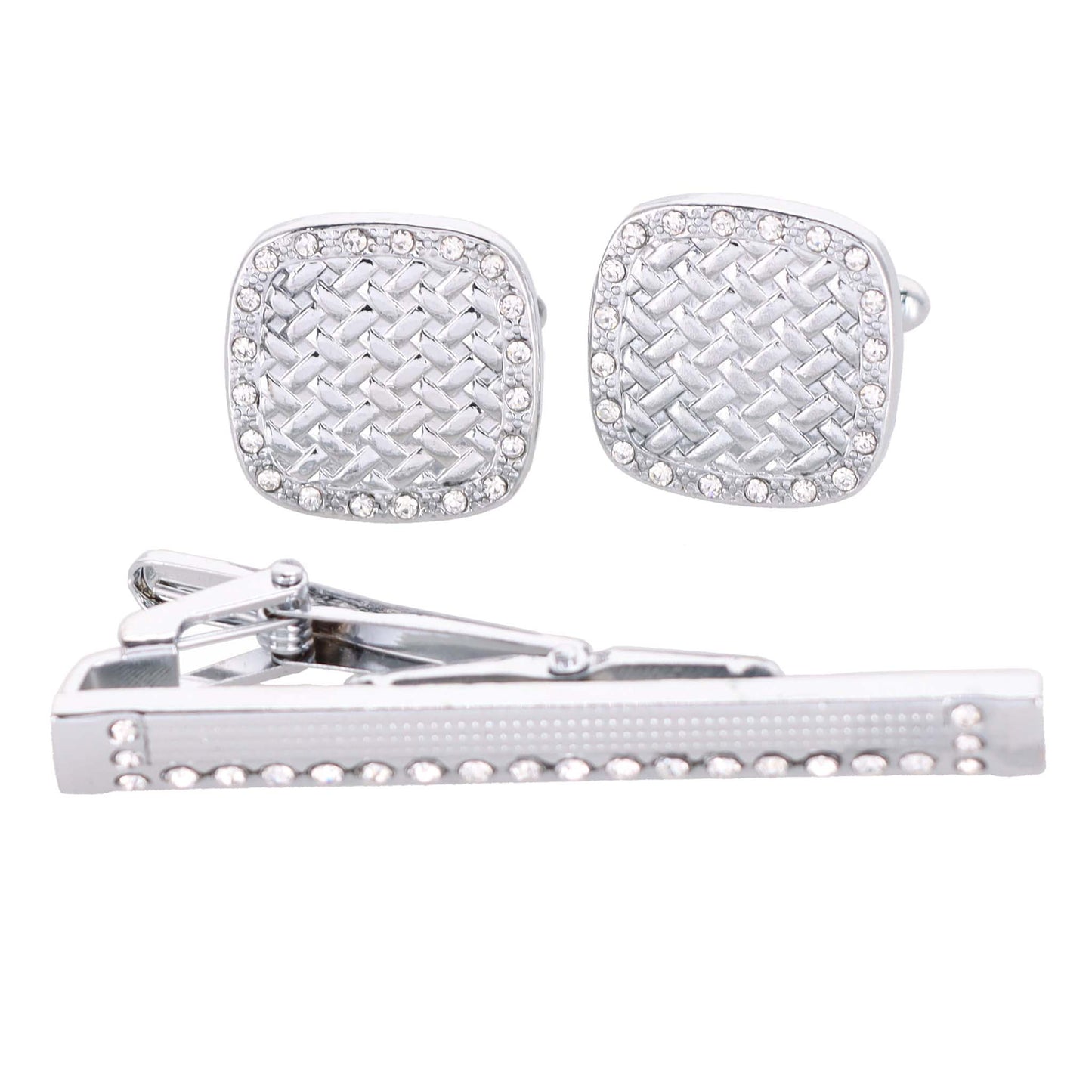 Vittorio Vico Silver Rhinestone Cufflink & Tie Bar Set in Gift Box