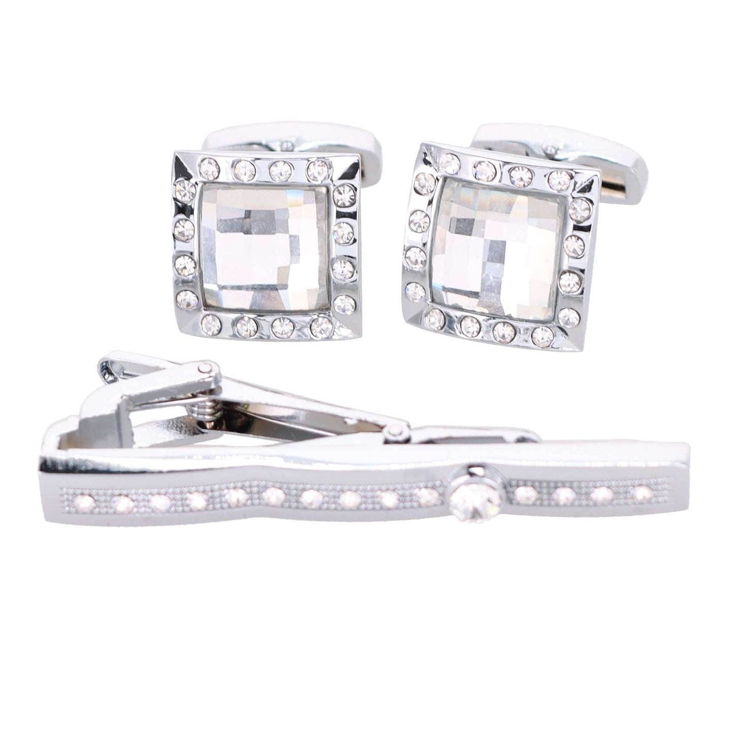 Vittorio Vico Silver Rhinestone Cufflink & Tie Bar Set in Gift Box