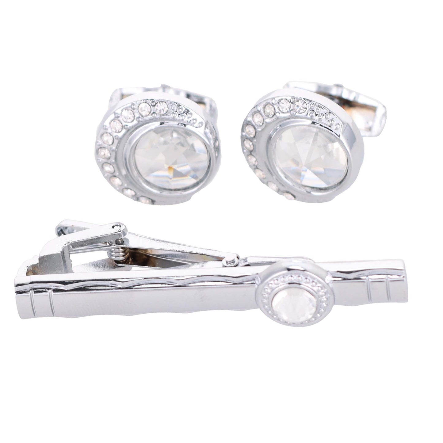 Vittorio Vico Silver Rhinestone Cufflink & Tie Bar Set in Gift Box