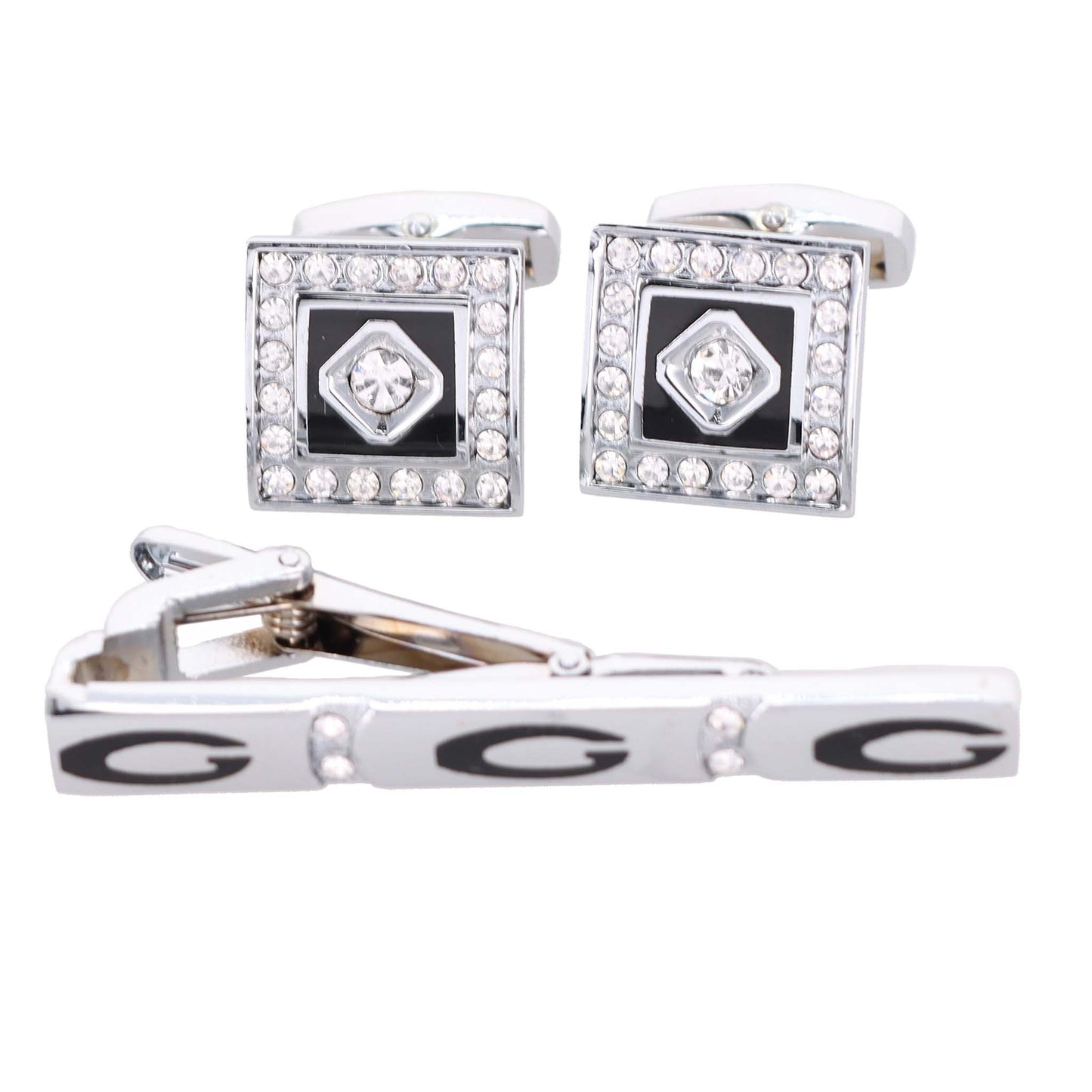 Vittorio Vico Silver Rhinestone Cufflink & Tie Bar Set in Gift Box