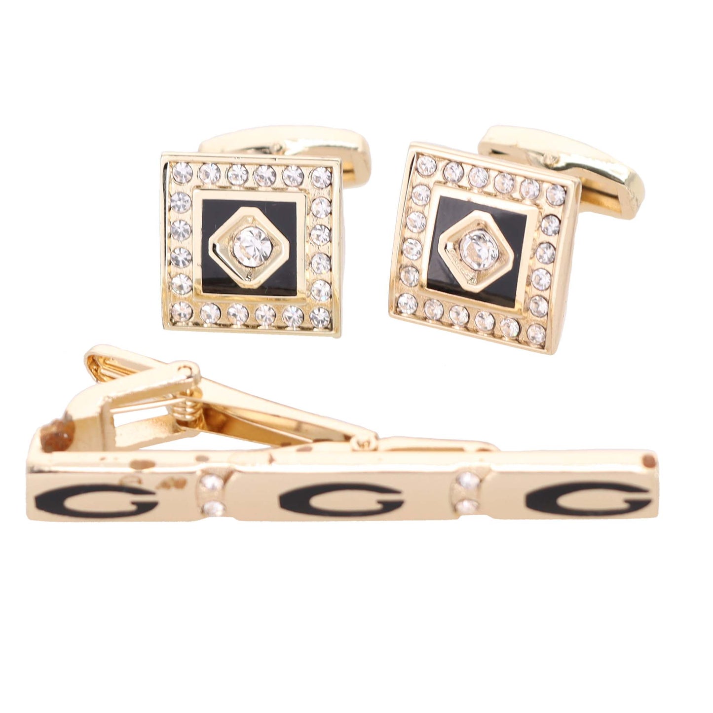 Vittorio Vico Gold Rhinestone Cufflinks & Tie Bar Set in Gift Box