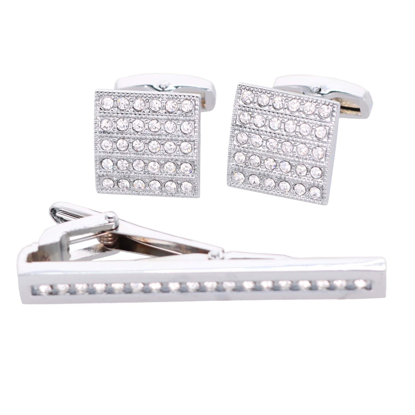 Vittorio Vico Silver Rhinestone Cufflink & Tie Bar Set in Gift Box