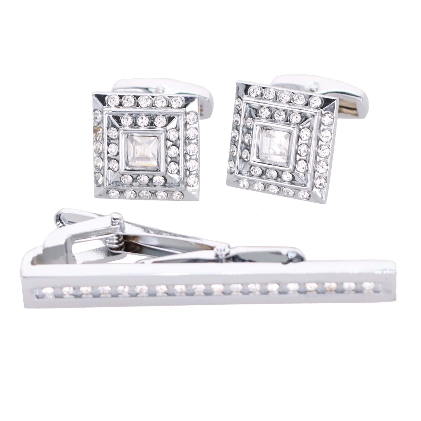 Vittorio Vico Silver Rhinestone Cufflink & Tie Bar Set in Gift Box