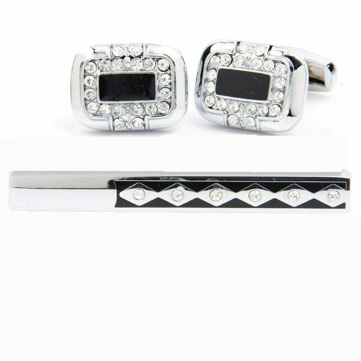 Vittorio Vico Silver Rhinestone Cufflink & Tie Bar Set in Gift Box