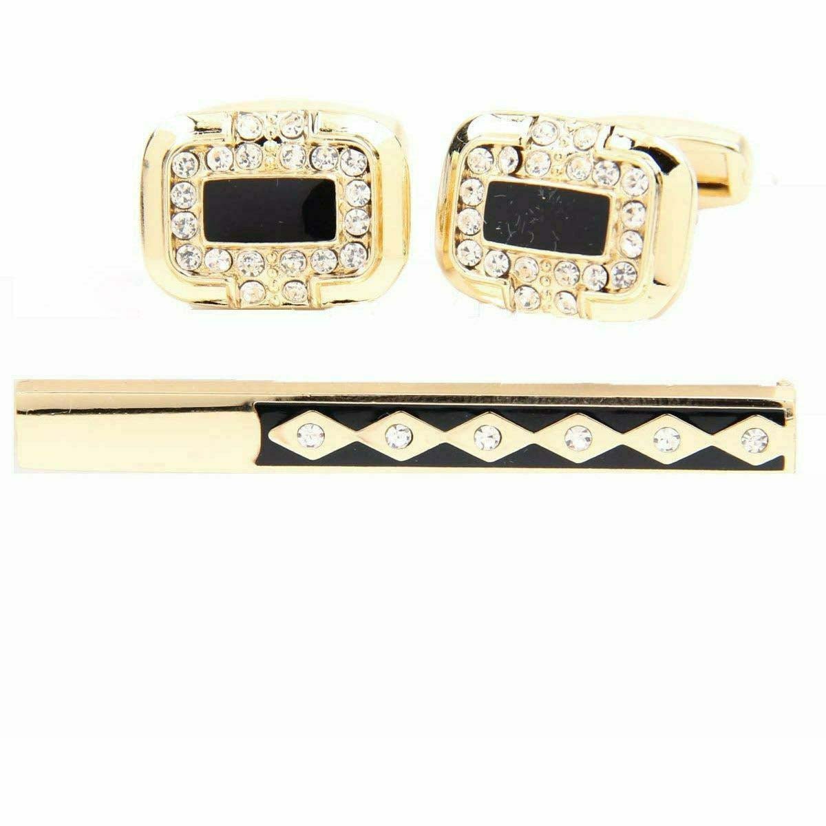 Vittorio Vico Gold Rhinestone Cufflinks & Tie Bar Set in Gift Box