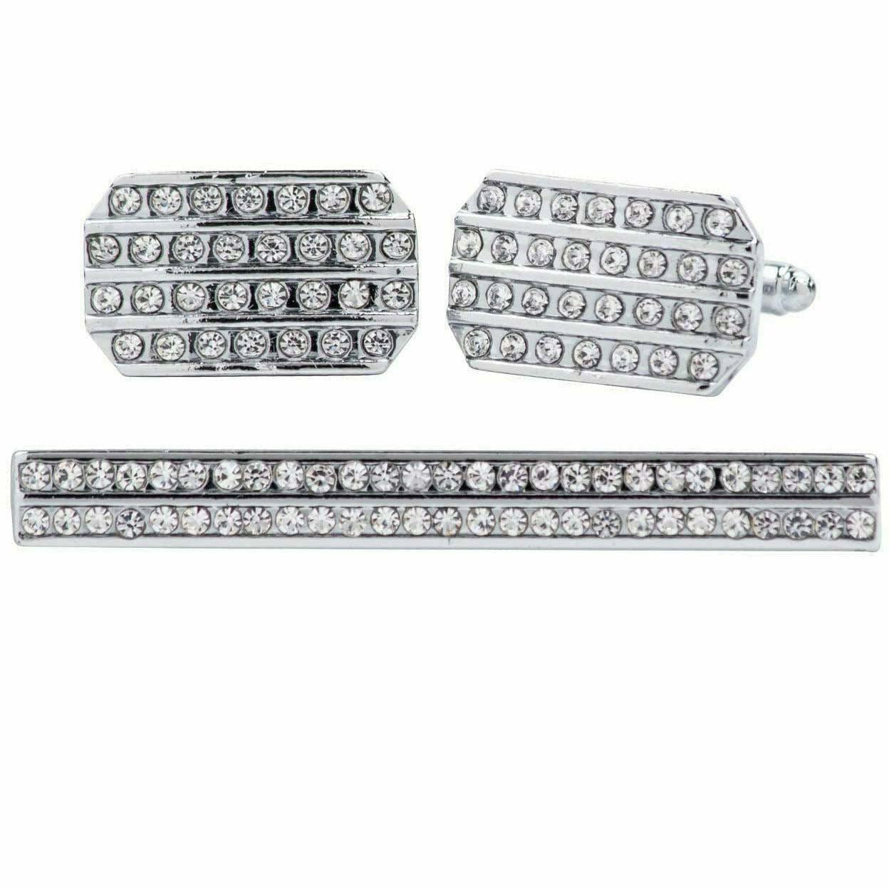 Vittorio Vico Silver Rhinestone Cufflink & Tie Bar Set in Gift Box