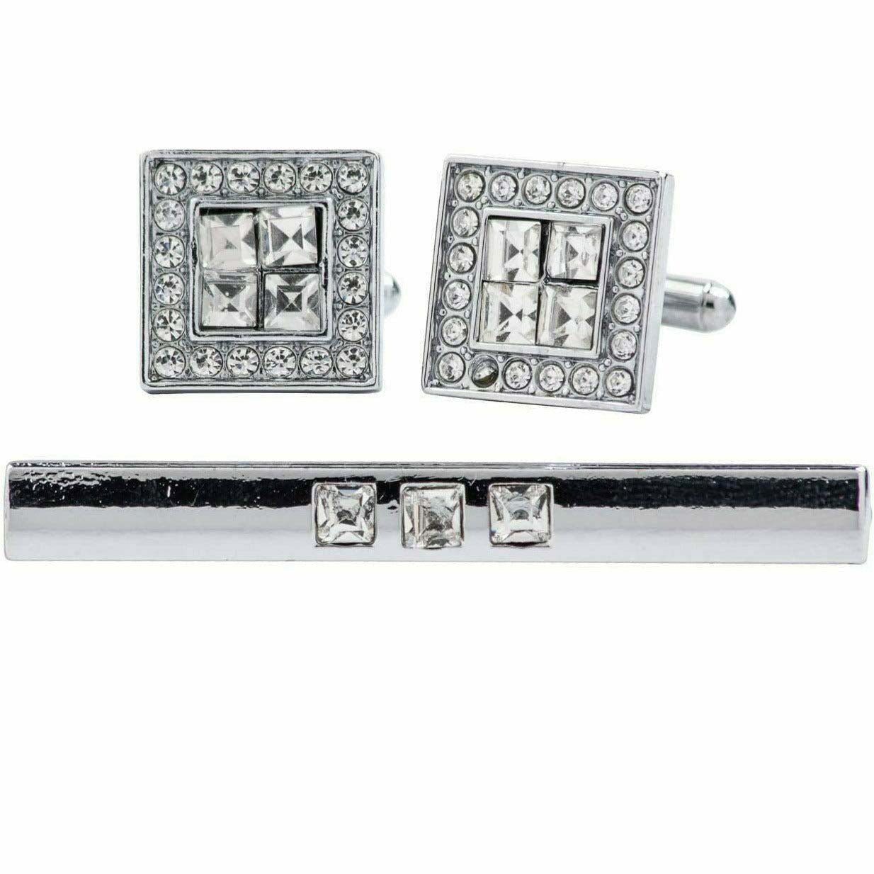 Vittorio Vico Silver Rhinestone Cufflink & Tie Bar Set in Gift Box