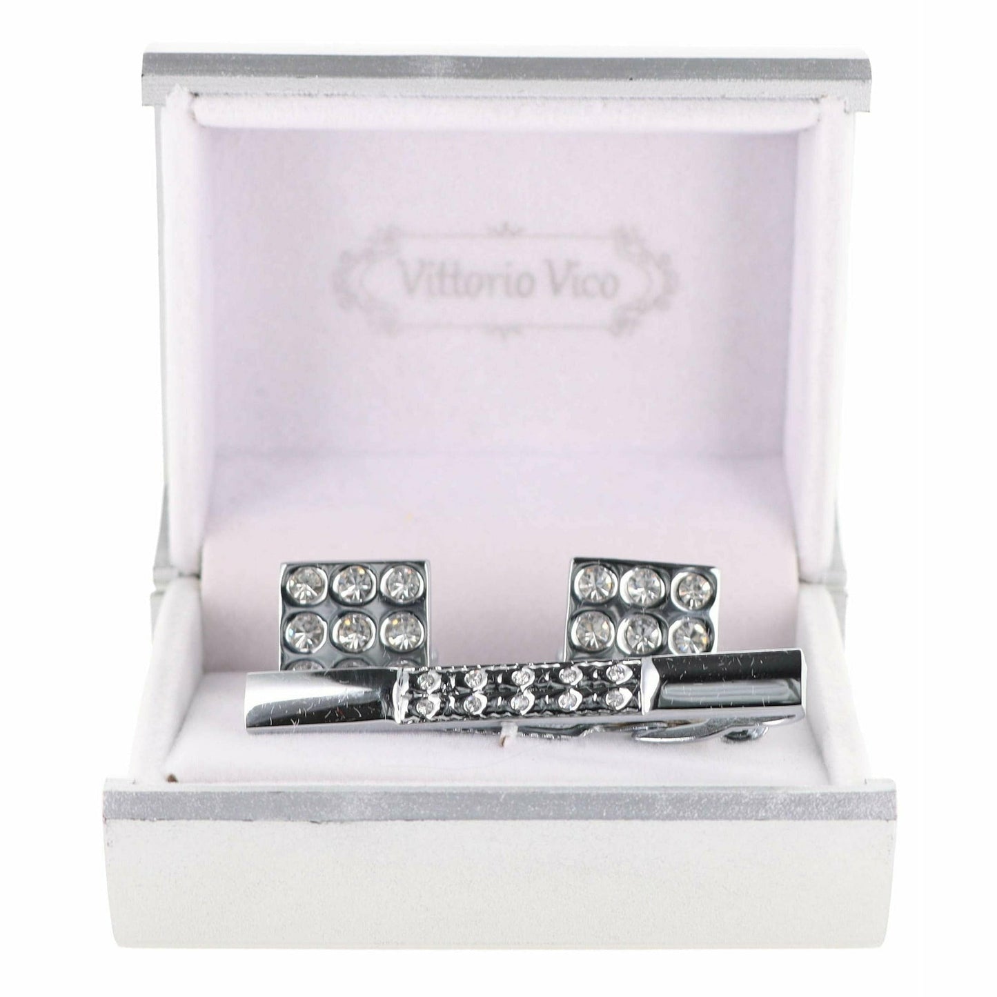 Vittorio Vico Silver Rhinestone Cufflink & Tie Bar Set in Gift Box