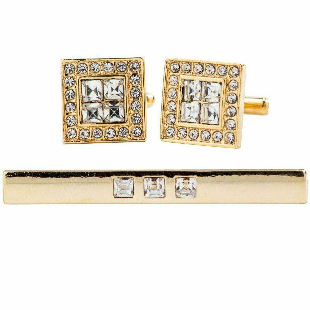 Vittorio Vico Gold Rhinestone Cufflinks & Tie Bar Set in Gift Box