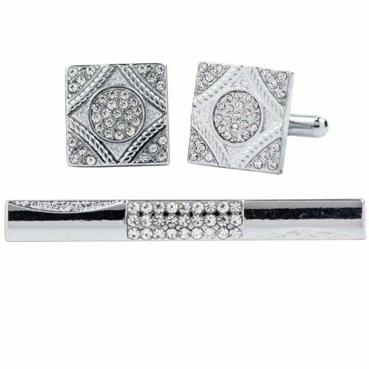 Vittorio Vico Silver Rhinestone Cufflink & Tie Bar Set in Gift Box