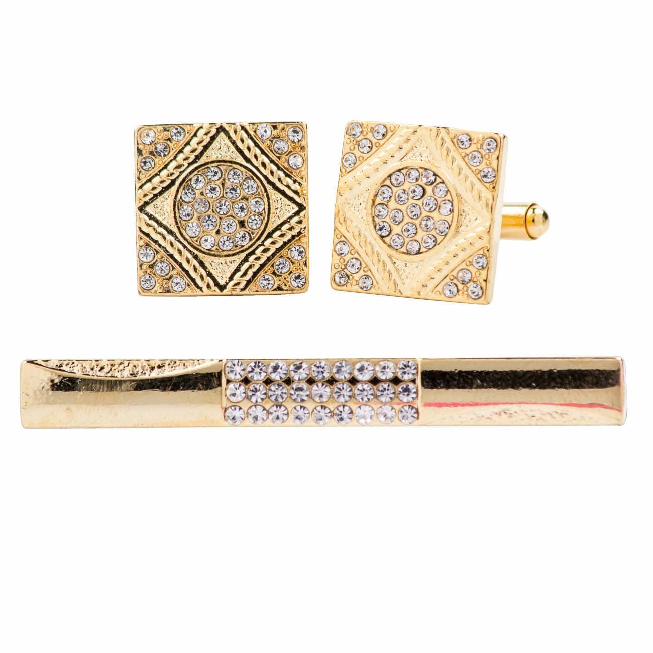 Vittorio Vico Gold Rhinestone Cufflinks & Tie Bar Set in Gift Box
