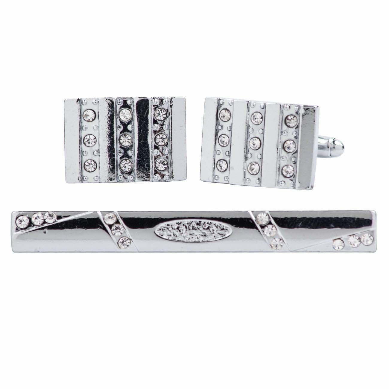 Vittorio Vico Silver Rhinestone Cufflink & Tie Bar Set in Gift Box