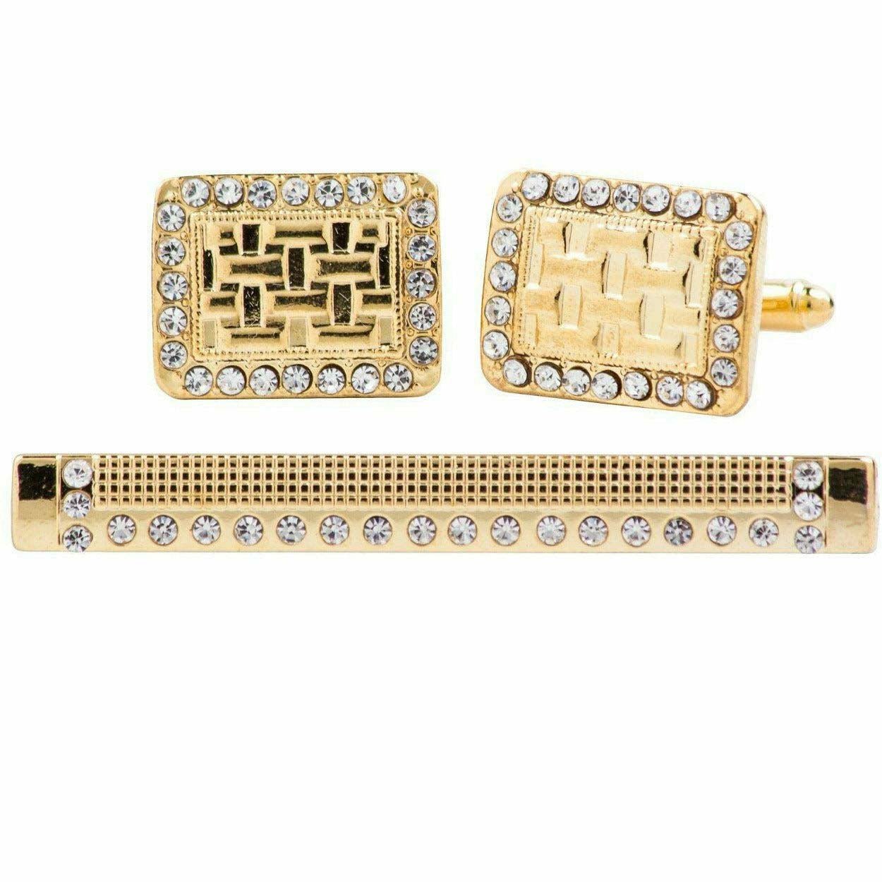 Vittorio Vico Gold Rhinestone Cufflinks & Tie Bar Set in Gift Box