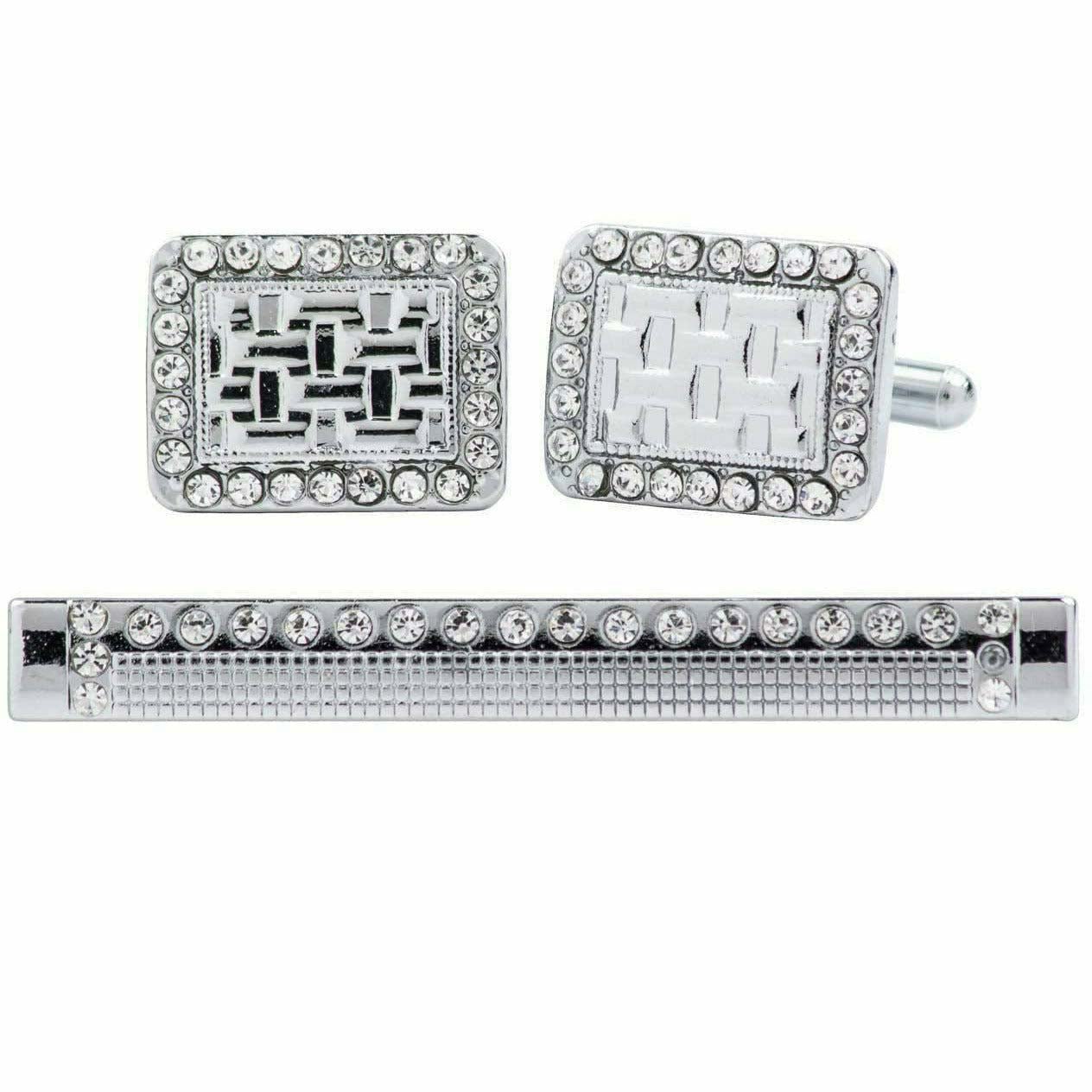 Vittorio Vico Silver Rhinestone Cufflink & Tie Bar Set in Gift Box