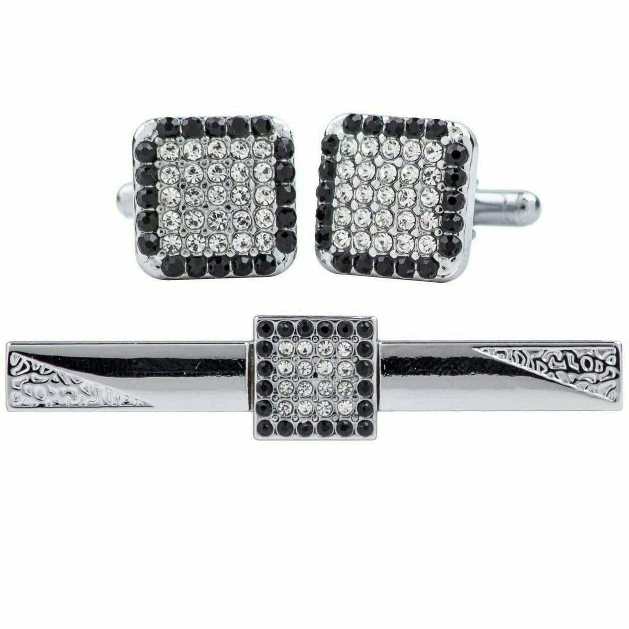 Vittorio Vico Silver Rhinestone Cufflink & Tie Bar Set in Gift Box