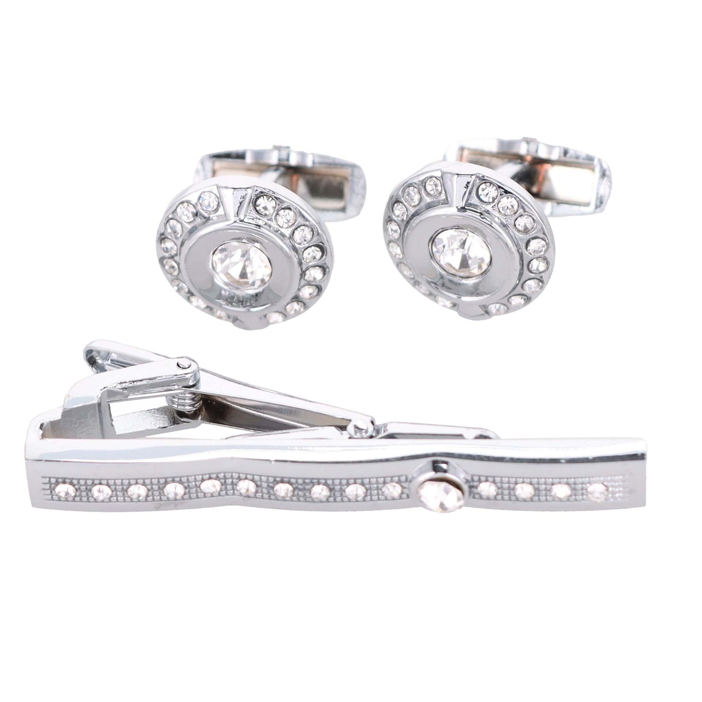 Vittorio Vico Silver Rhinestone Cufflink & Tie Bar Set in Gift Box