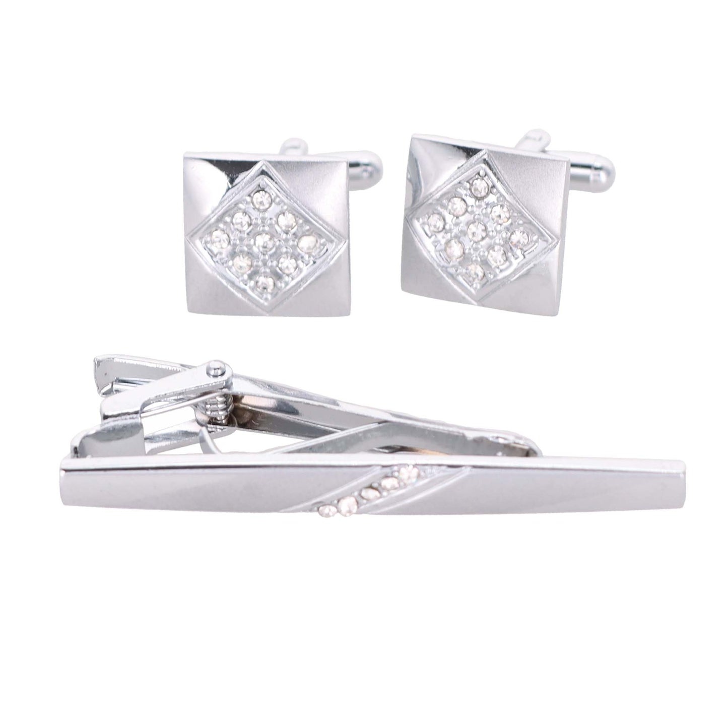 Vittorio Vico Silver Rhinestone Cufflink & Tie Bar Set in Gift Box