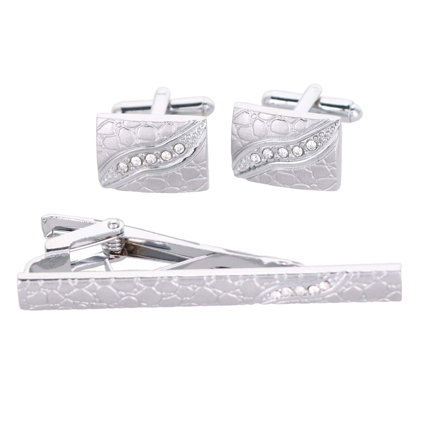 Vittorio Vico Silver Rhinestone Cufflink & Tie Bar Set in Gift Box