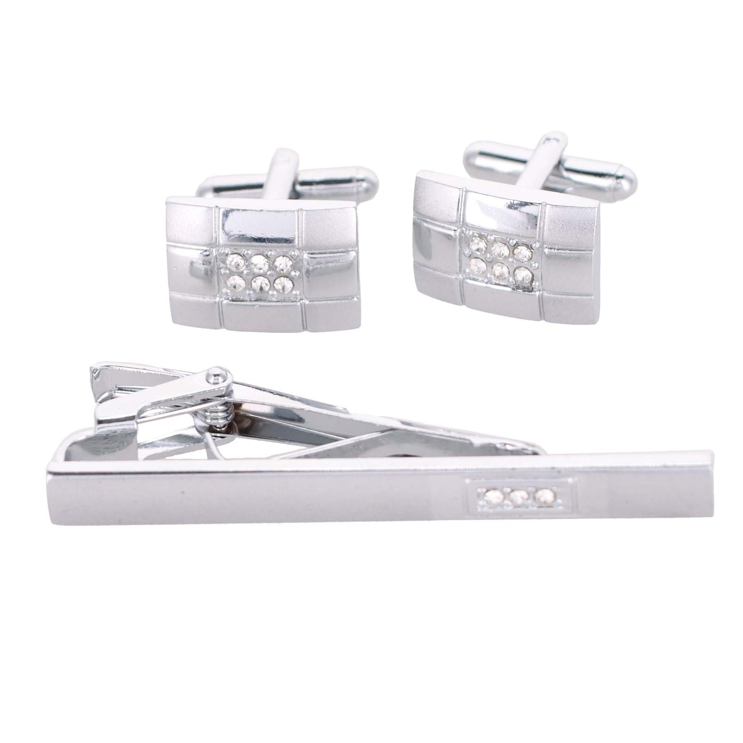 Vittorio Vico Silver Rhinestone Cufflink & Tie Bar Set in Gift Box