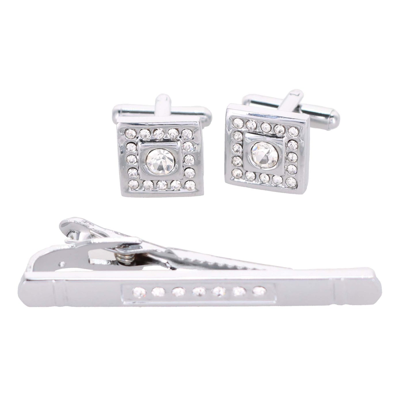 Vittorio Vico Silver Rhinestone Cufflink & Tie Bar Set in Gift Box