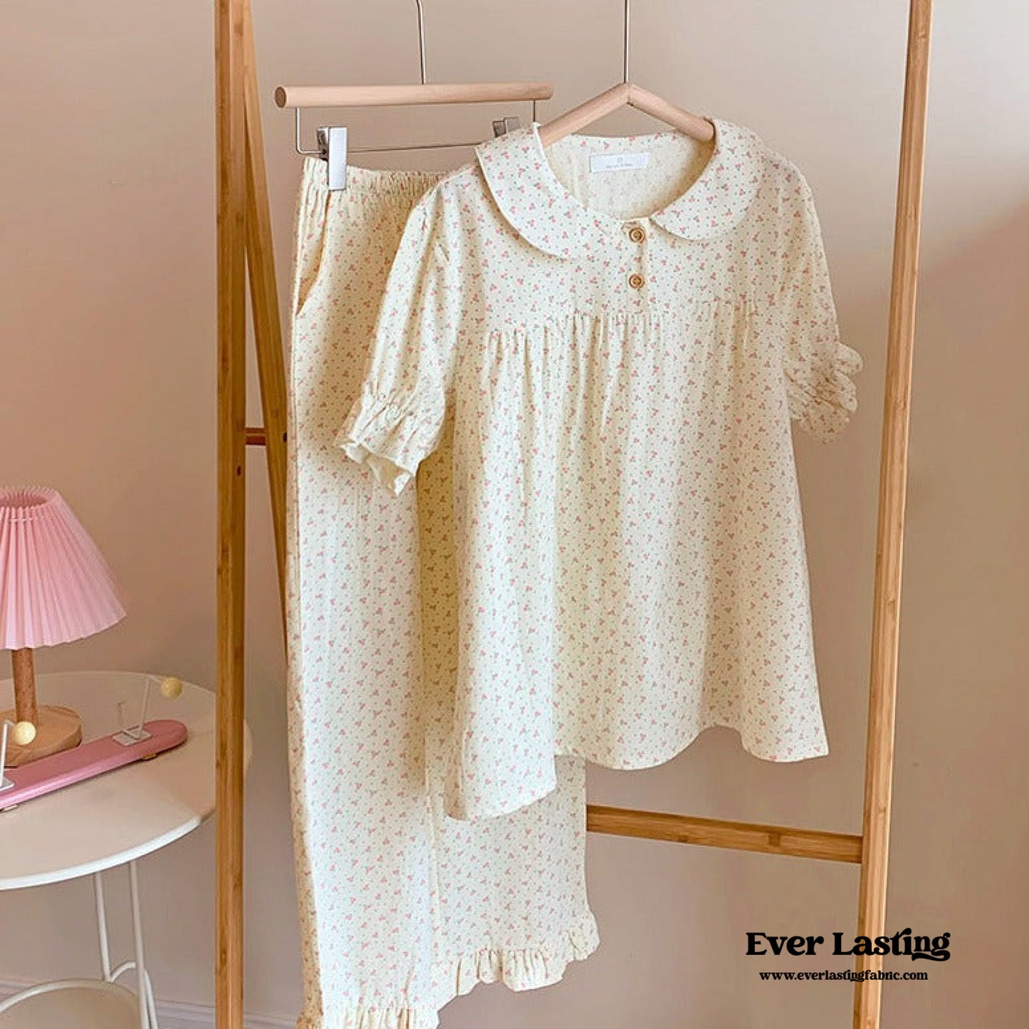 Cream Floral Quarter Sleeves & Long Pants Pajama Set