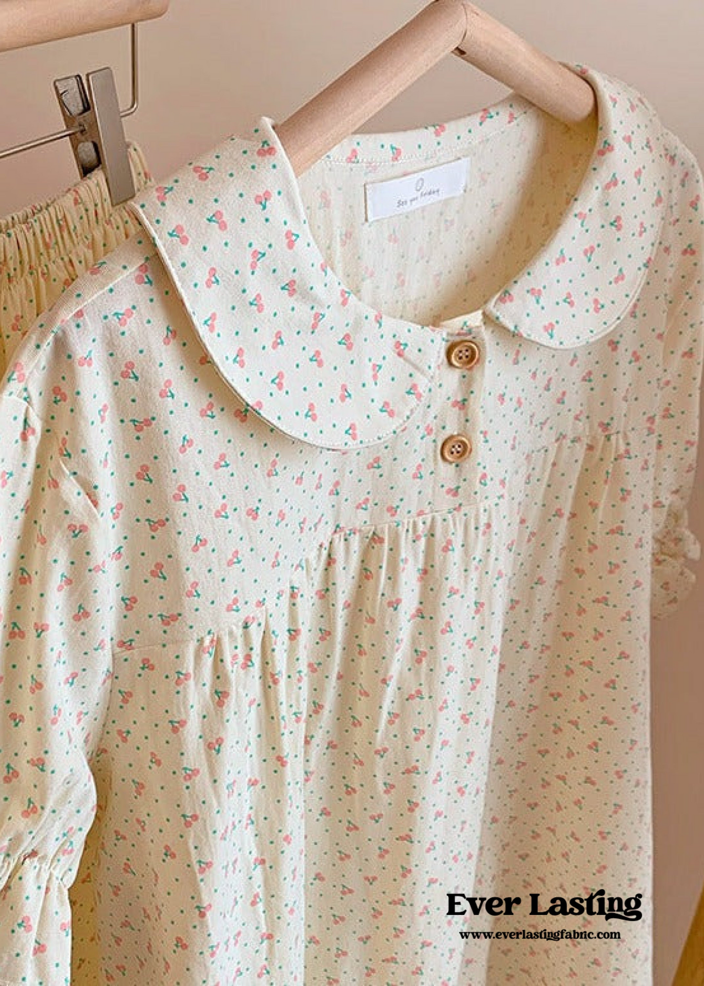 Cream Floral Quarter Sleeves & Long Pants Pajama Set