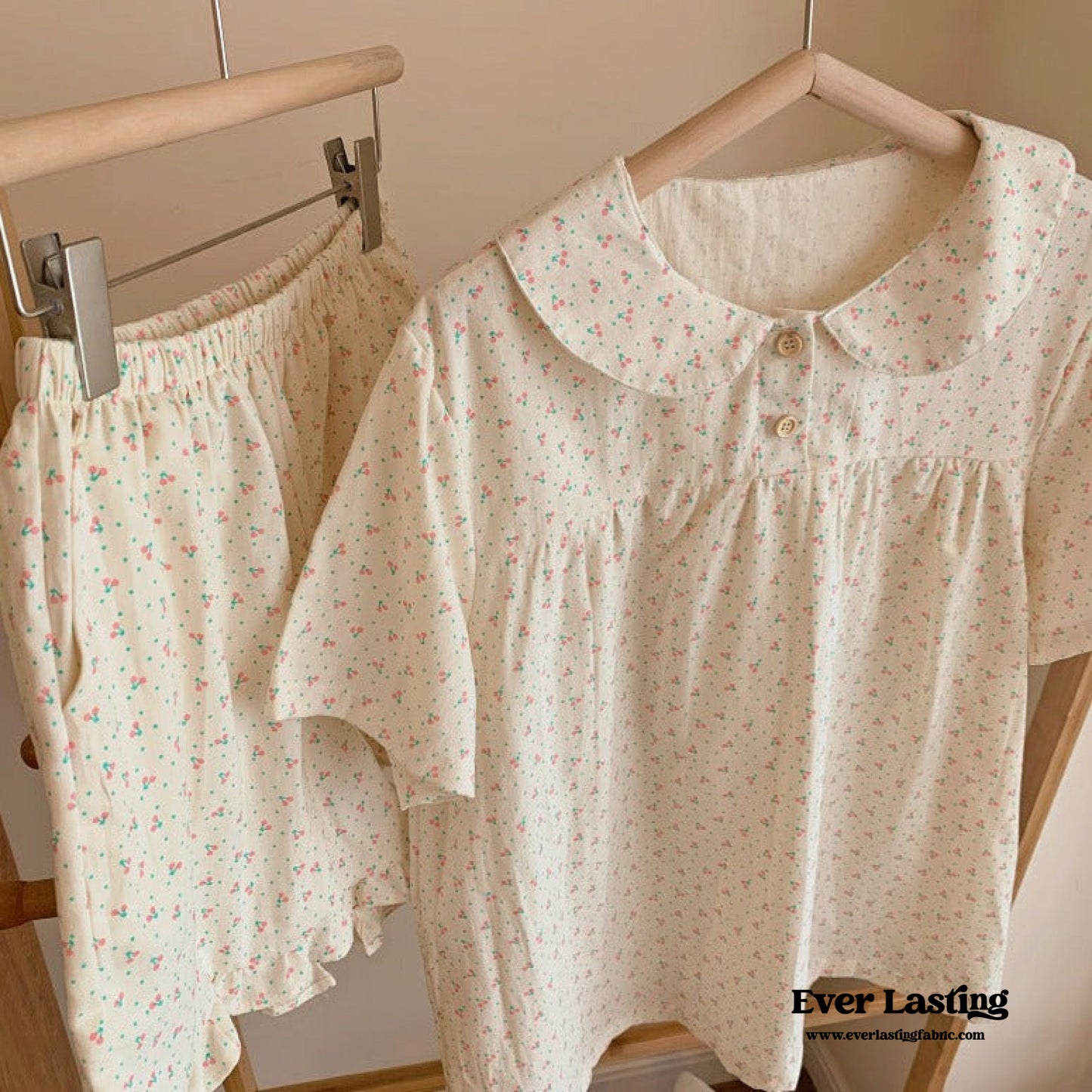 Cream Floral Short Sleeves and Short Pajama Set