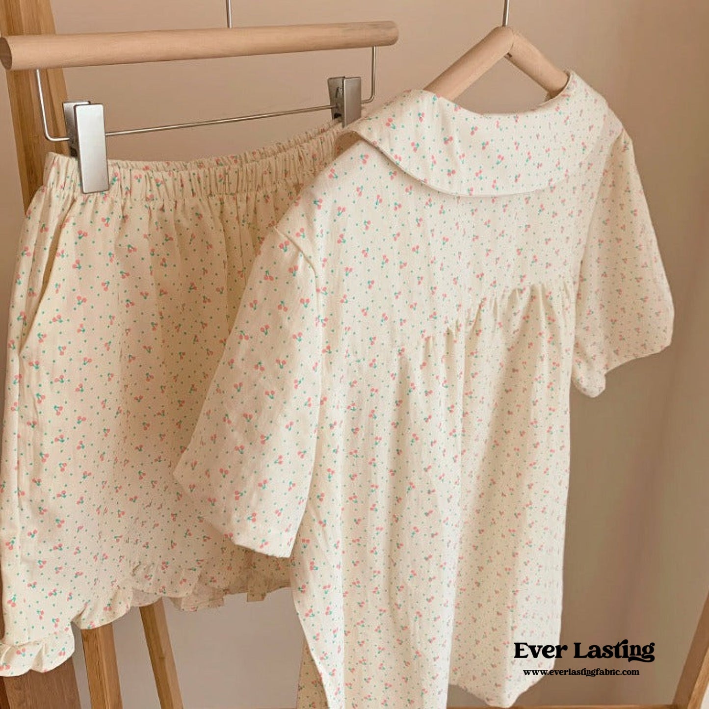 Cream Floral Short Sleeves and Short Pajama Set