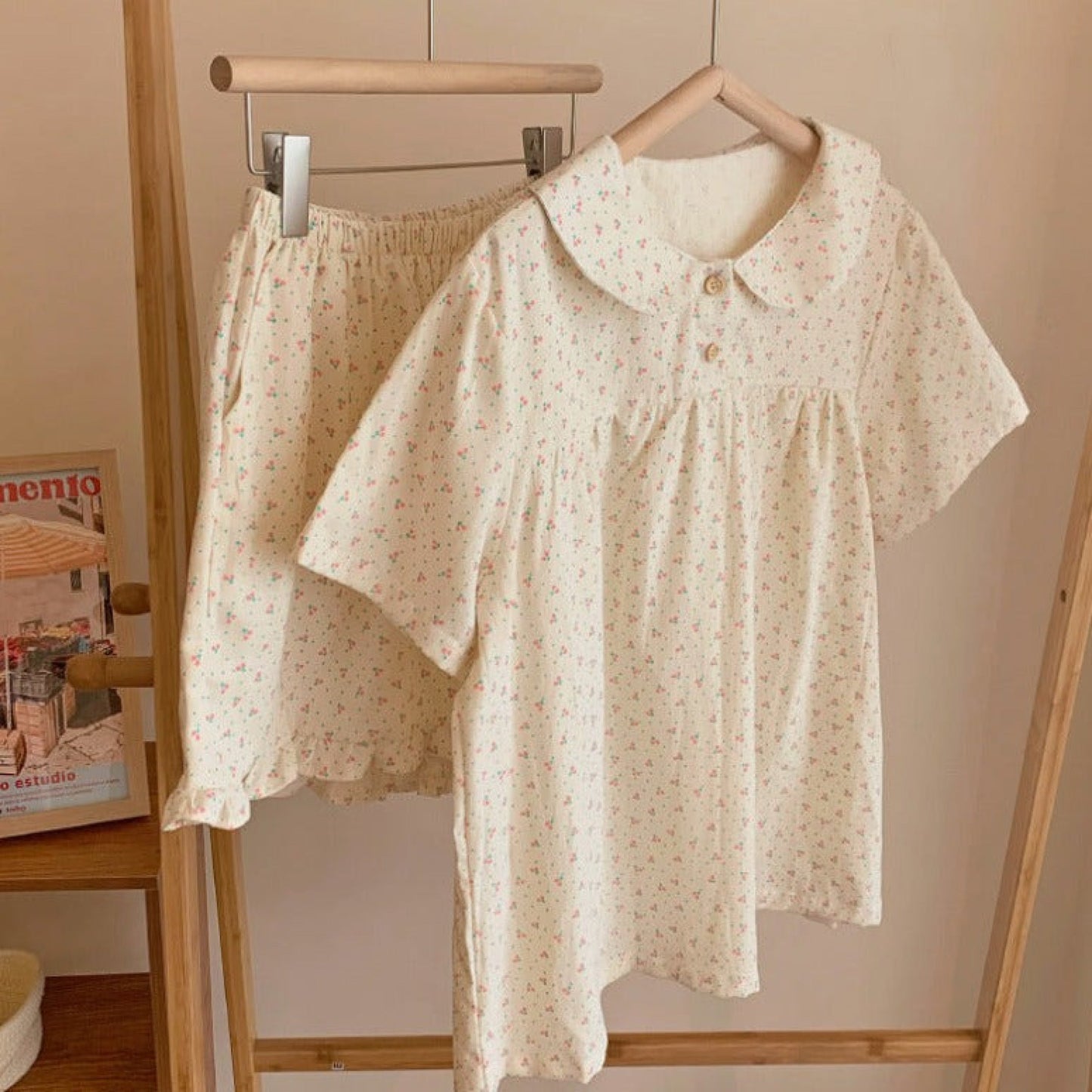 Cream Floral Short Sleeves and Short Pajama Set