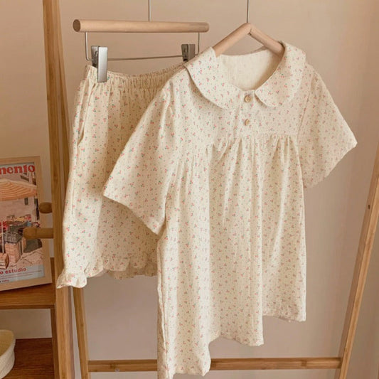 Cream Floral Short Sleeves and Short Pajama Set