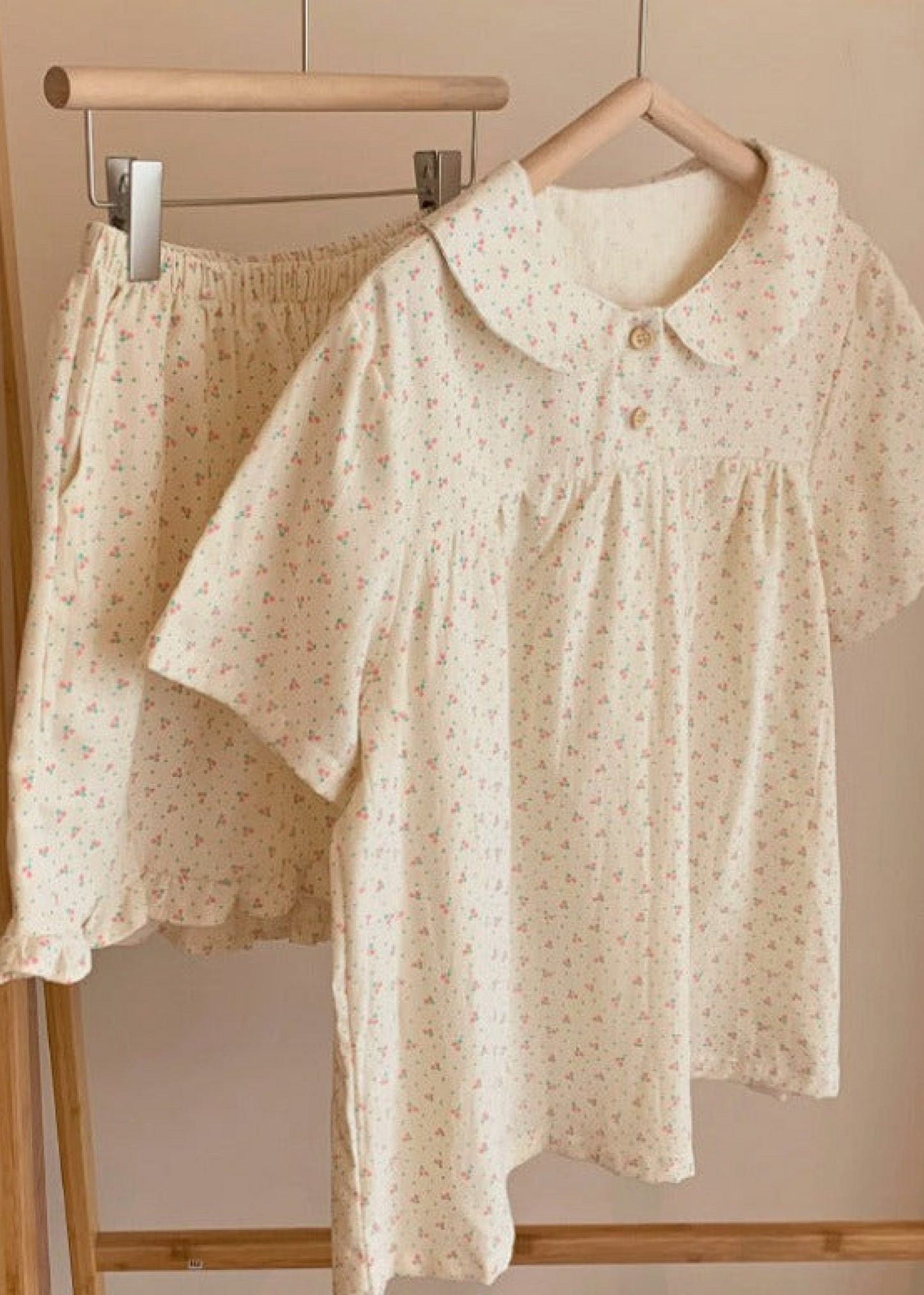 Cream Floral Short Sleeves and Short Pajama Set