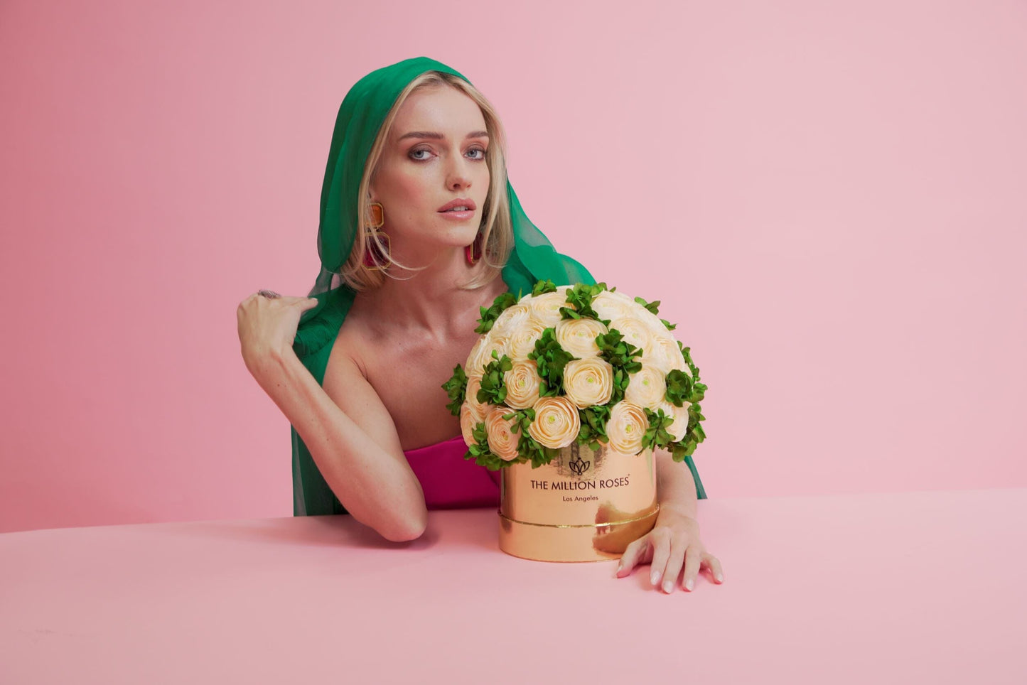 Classic Black Box | Peach Persian Buttercups & Green Hydrangeas