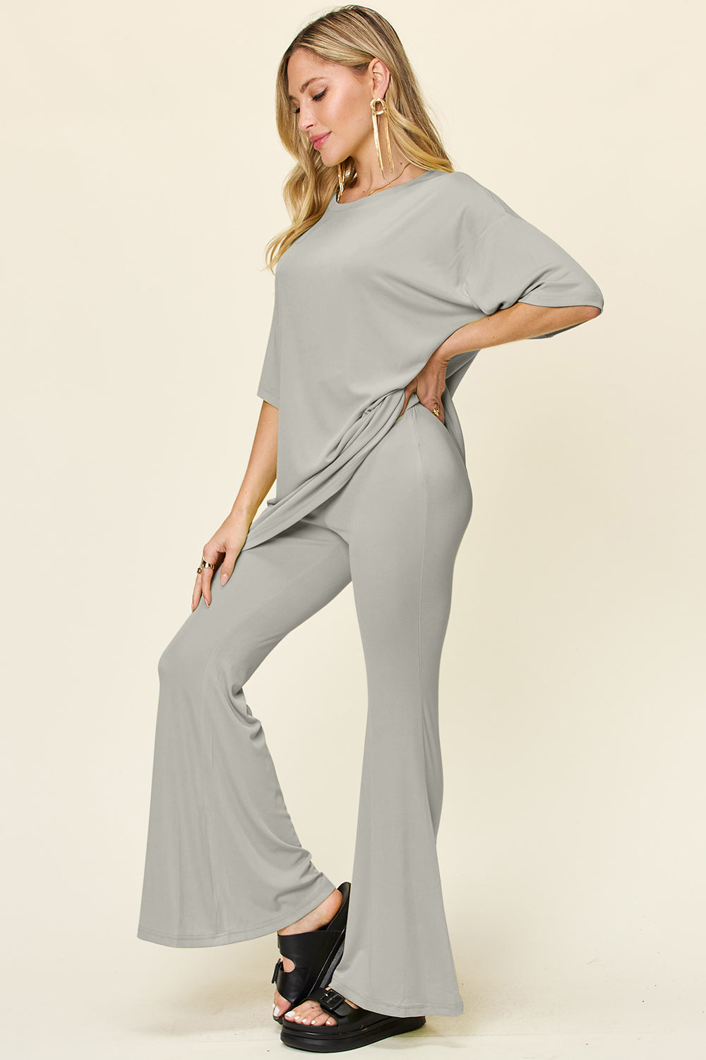 Double Take Full Size Round Neck Drop Shoulder T-Shirt and Flare Pants Set - Concordia Style Boutique