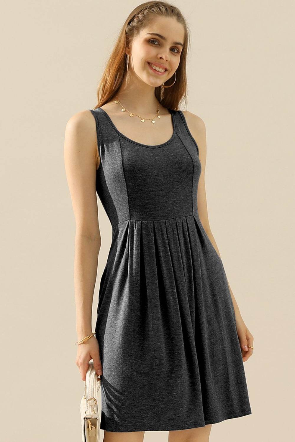 Doublju Full Size Round Neck Ruched Sleeveless Dress with Pockets - Concordia Style Boutique