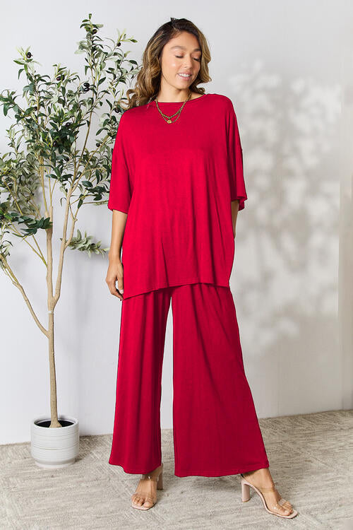 Double Take Full Size Round Neck Slit Top and Pants Set - Concordia Style Boutique