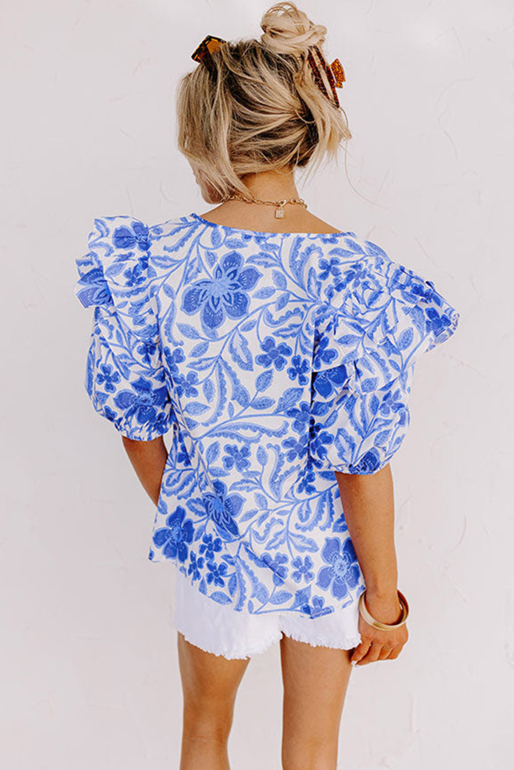 Luxury Floral Print Ruffled Bubble Sleeve Blouse - Concordia Style Boutique