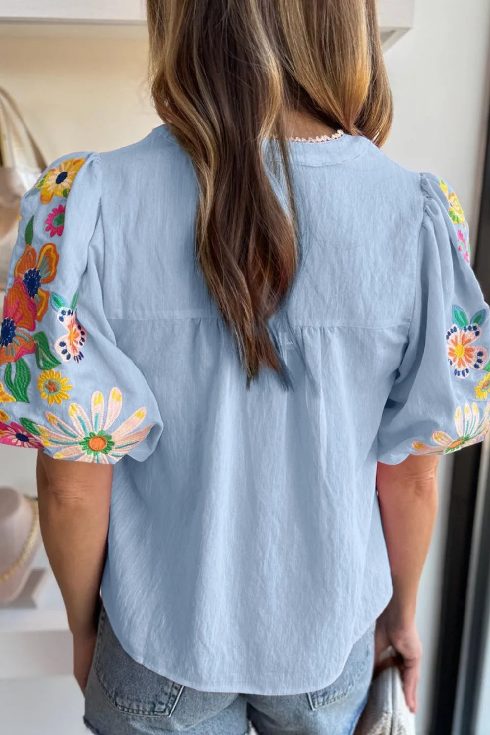 Embroidered Tie Neck Short Sleeve Blouse - Concordia Style Boutique
