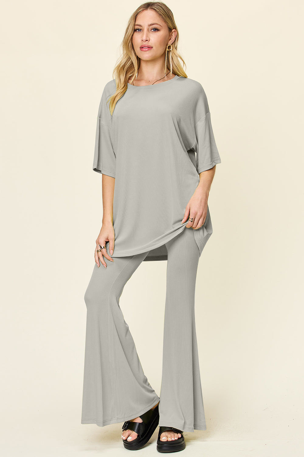 Double Take Full Size Round Neck Drop Shoulder T-Shirt and Flare Pants Set - Concordia Style Boutique